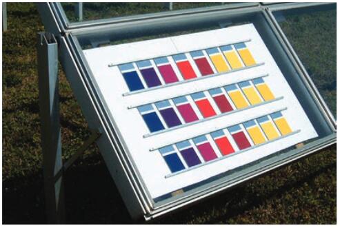 油墨試樣安裝在位于佛羅里達和亞利桑那曝曬場的ASTM G24帶玻璃框的曝曬架上。