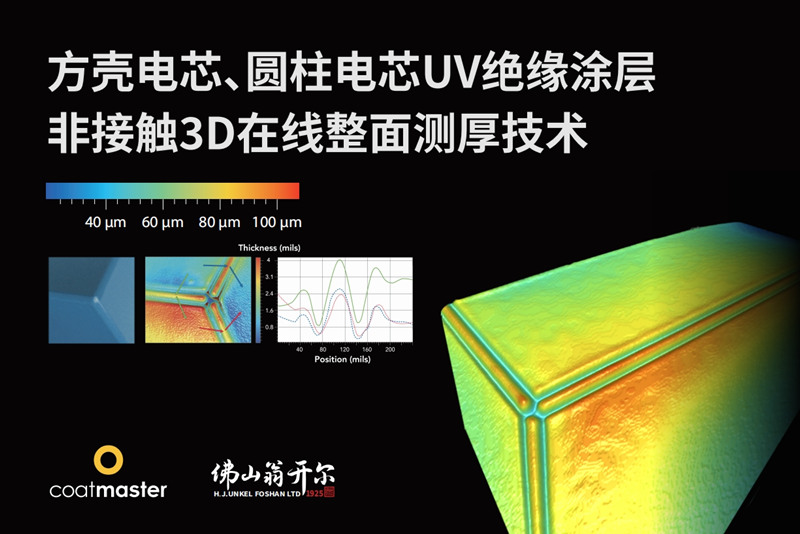 方殼電芯、圓柱電芯UV絕緣涂層非接觸3D在線整面測厚技術(shù)